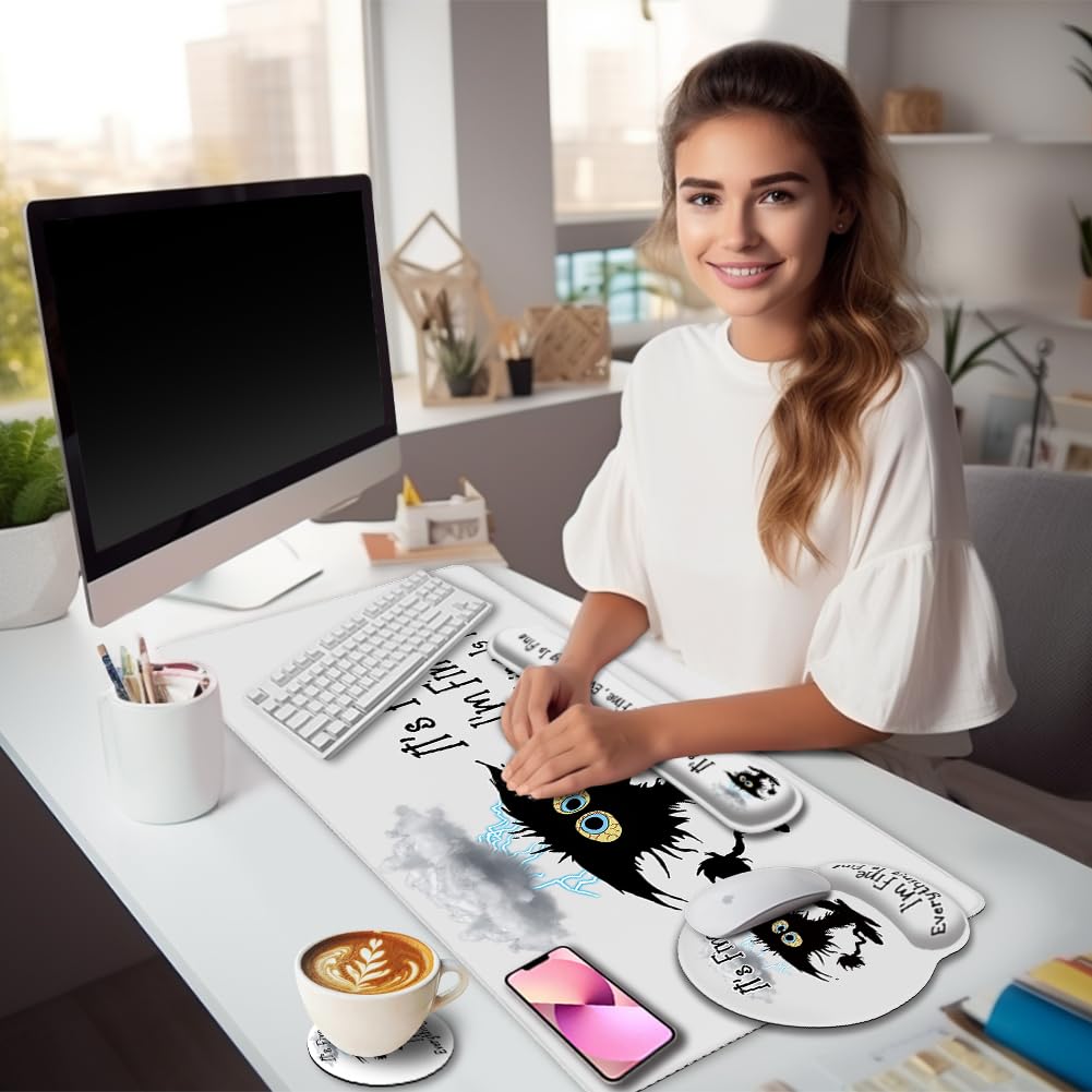 LIMKRIAN Large Gaming Mouse Pad Desk Mat Set, Funny Black Cat Desk Decor