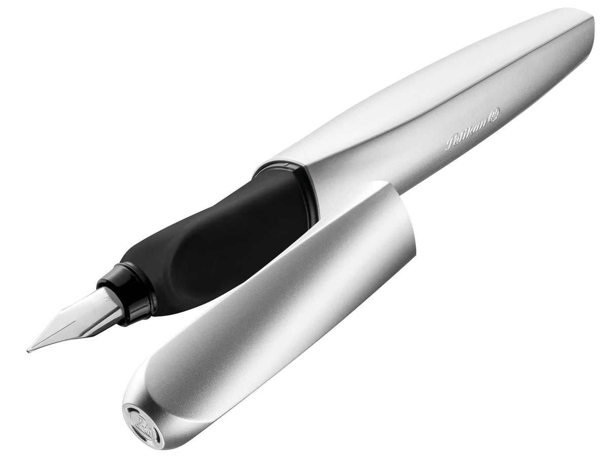 Pelikan Twist Fountain Pen with 1 Ink Cartridge, Medium Nib, Silver, Boxed (947101)