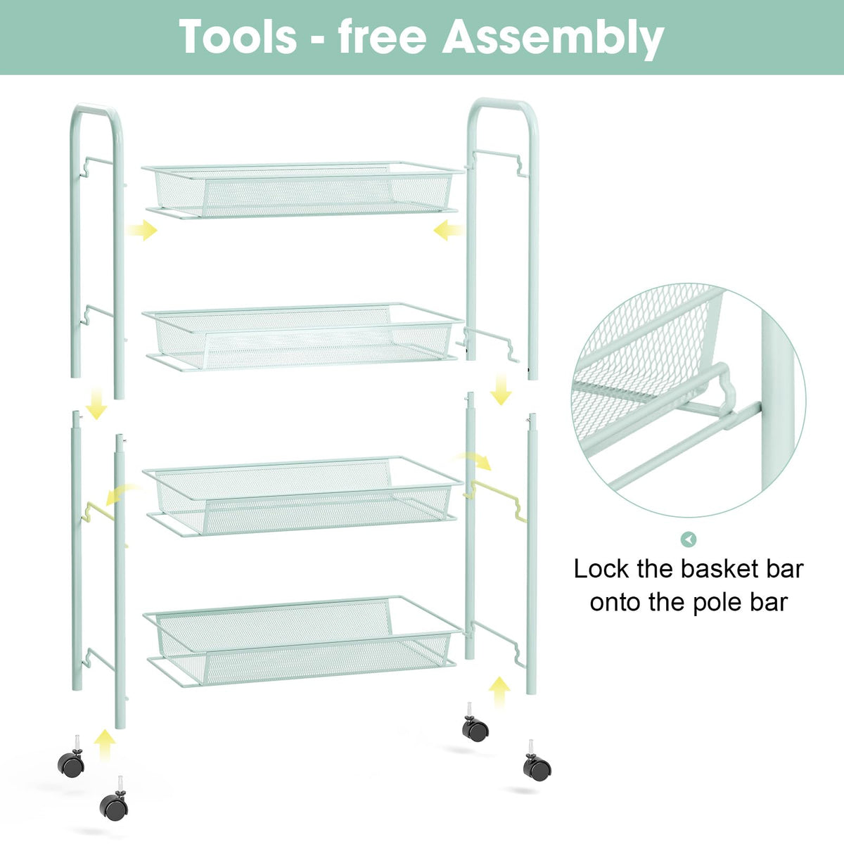 TOOLF 4 Tier Rolling Cart, Metal Utility Storage Cart with Wheels, Green