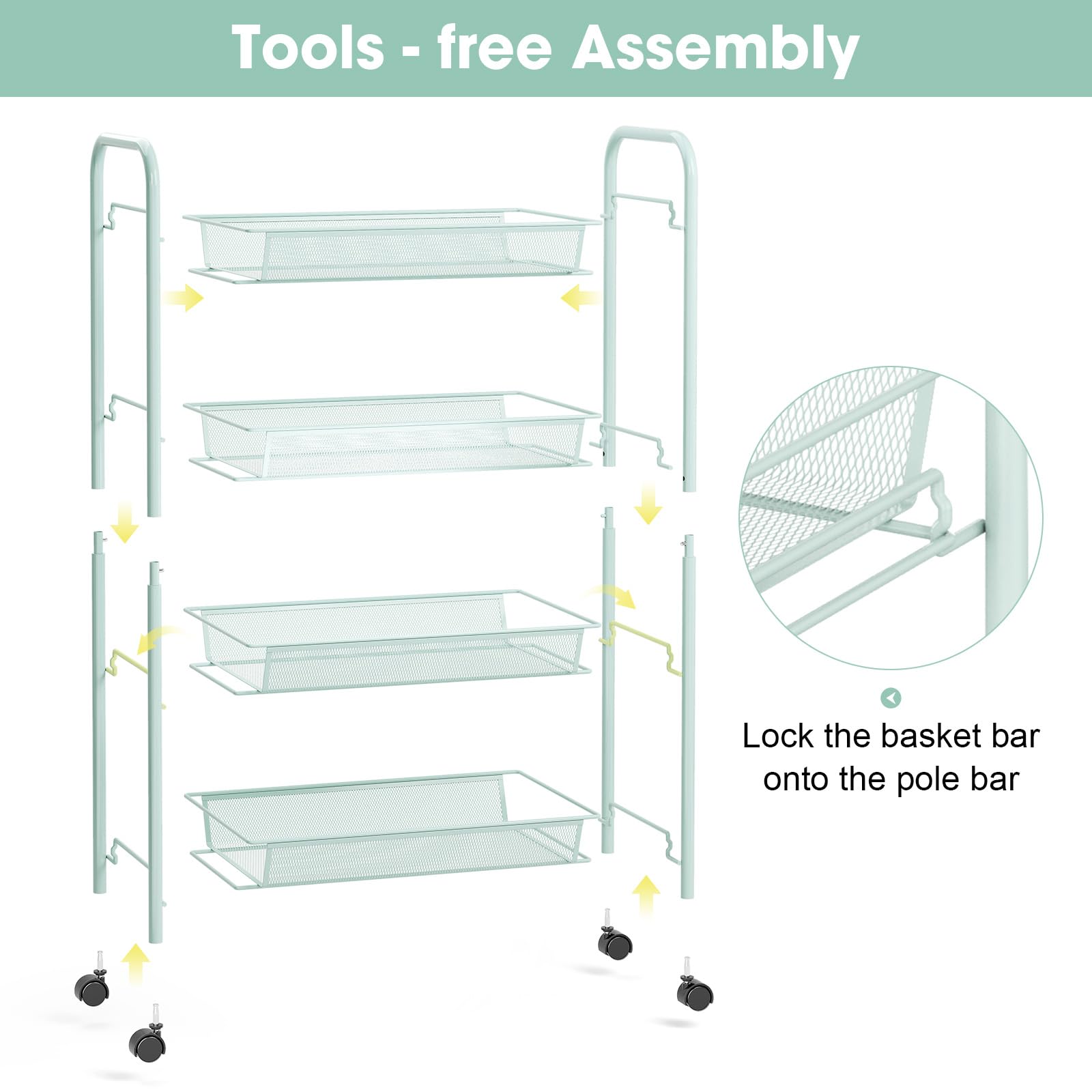 TOOLF 4 Tier Rolling Cart, Metal Utility Storage Cart with Wheels, Green