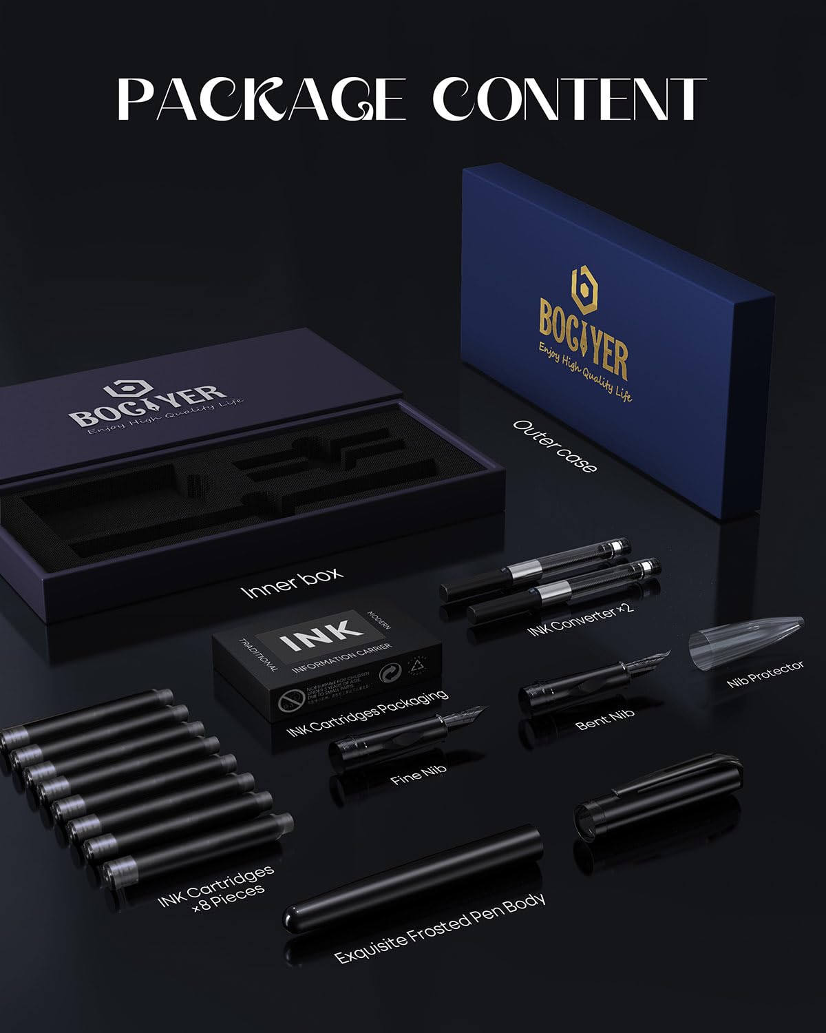 BOCIYER samurai Fountain Pen Set,Hand Polished Medium Nib,Calligraphy Nib(Bent Nib),Includes 8 Ink