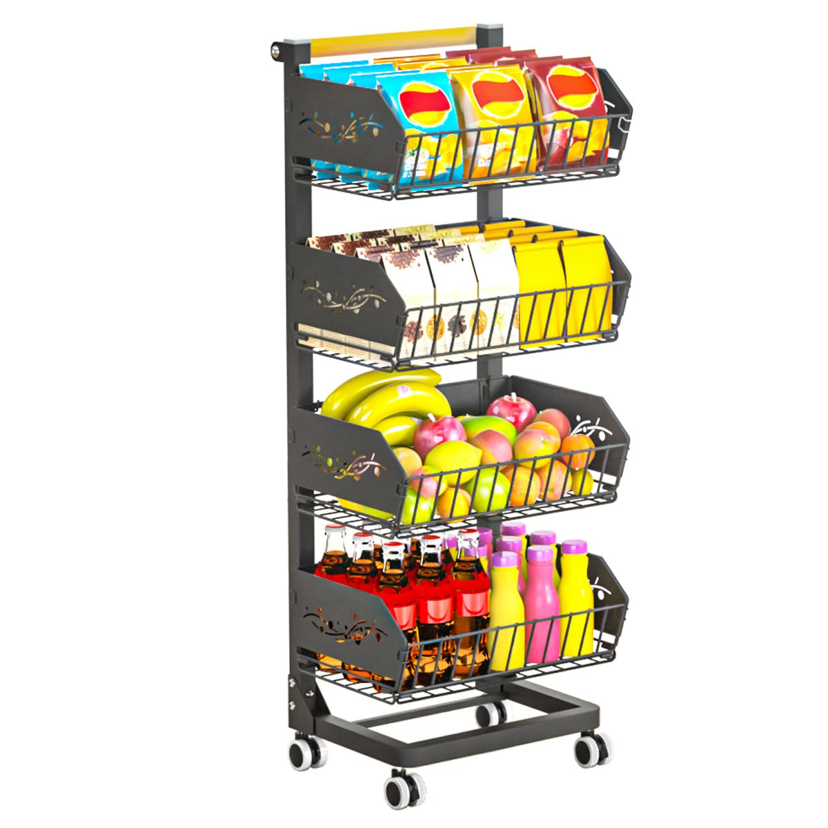 Heavy 4-Tier Snack Cart with Wheels ，Removable Rolling Pantry Cart，Black