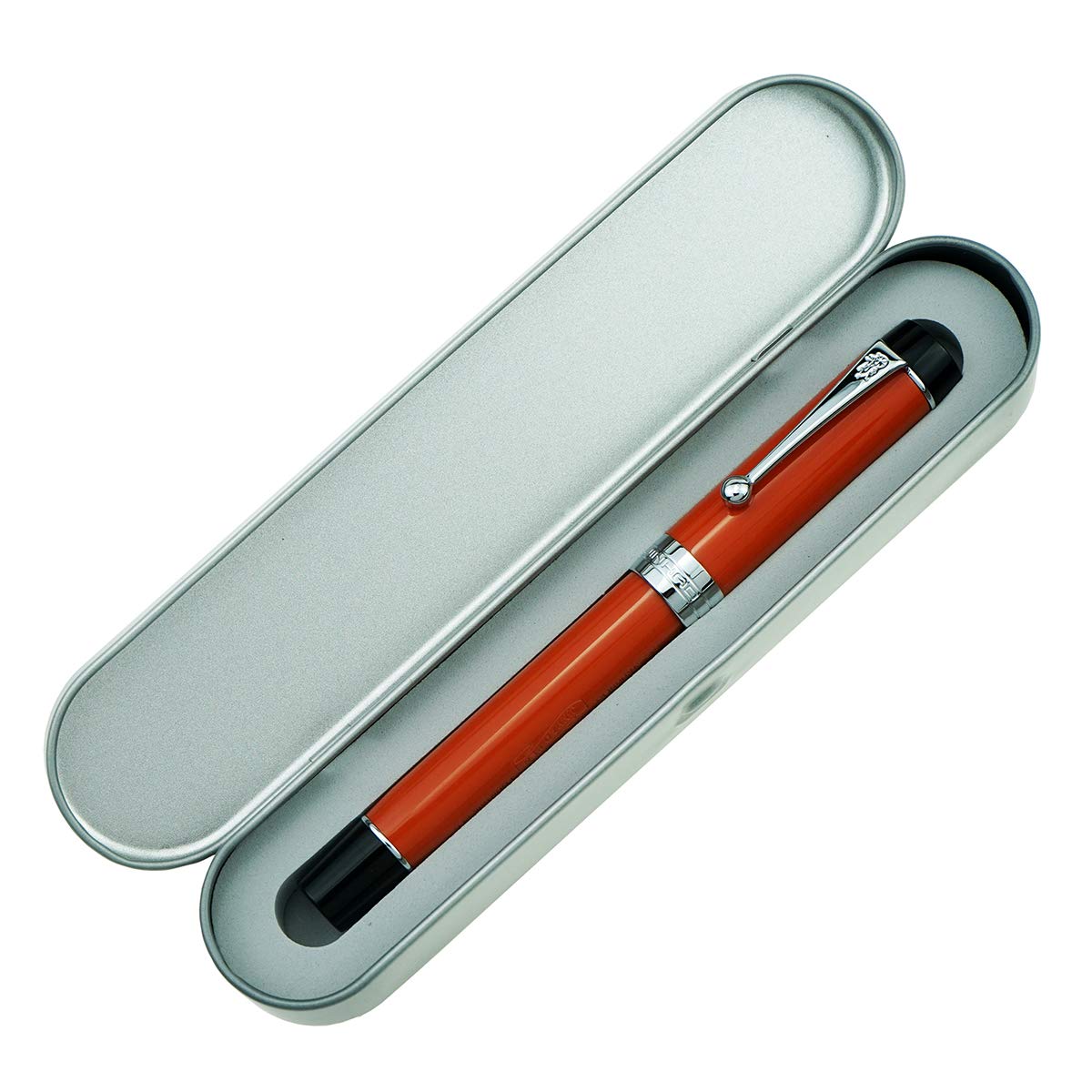 Jinhao Classic Fountain Pen Orange Red with Jinhao Stamp, Celluloid Silver Trim, Fine Nib with