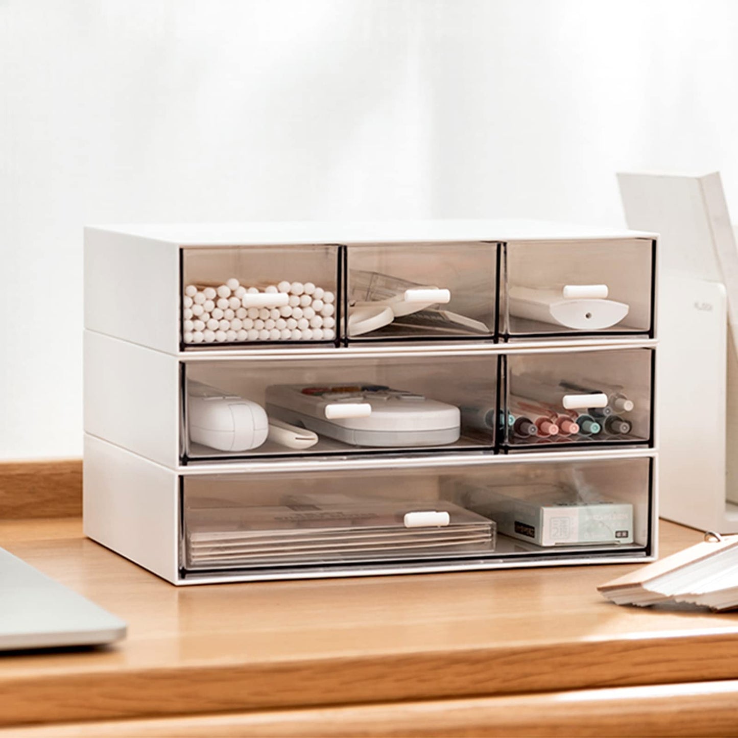 Desk Organizer-3 Tier Stackable Storage Drawers with 6 Compartments White Compact Desk Storage