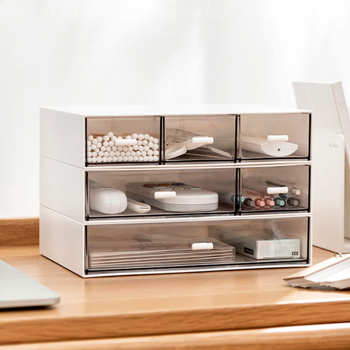 Desk Organizer-3 Tier Stackable Storage Drawers with 6 Compartments White Compact Desk Storage