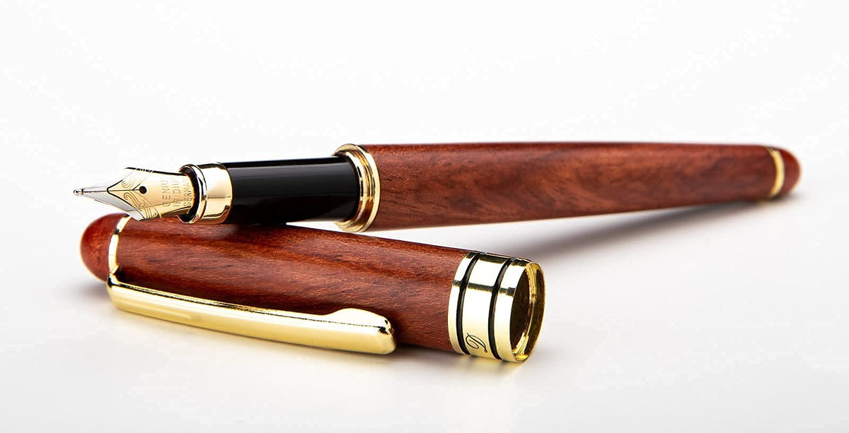 Dryden Designs Luxury Rosewood Fountain Pen with Ink Refill Converter and Gift Case - Smooth &