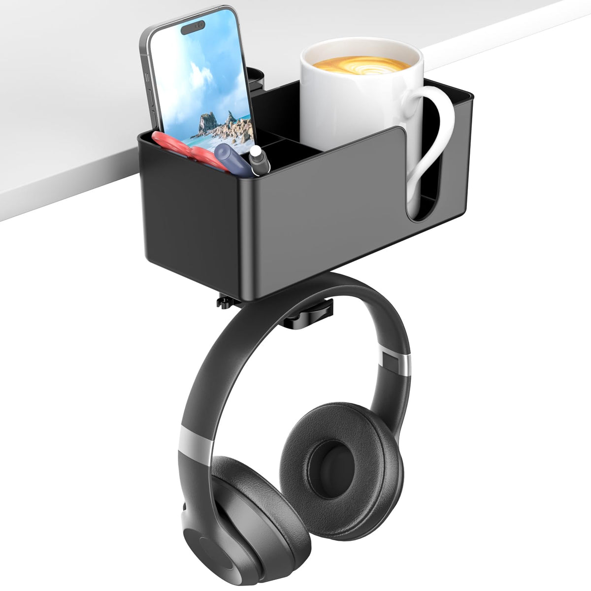 KDD 4 in 1 Desk Cup Holder - Clamp on Under Desk Headphone Hanger - Rotating Headphone Holder