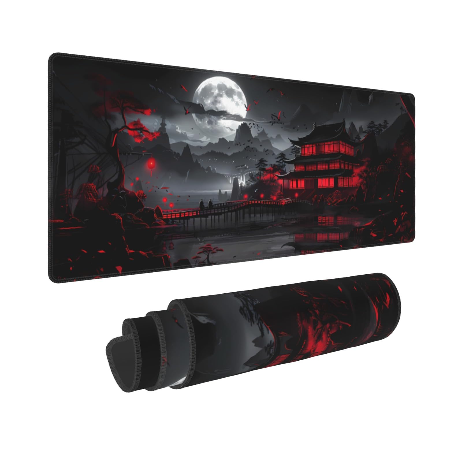 Black Red Japanese Mouse Pad XL 31.5 X 11.8 Inch Design Style Extended Large Gaming Mousepad