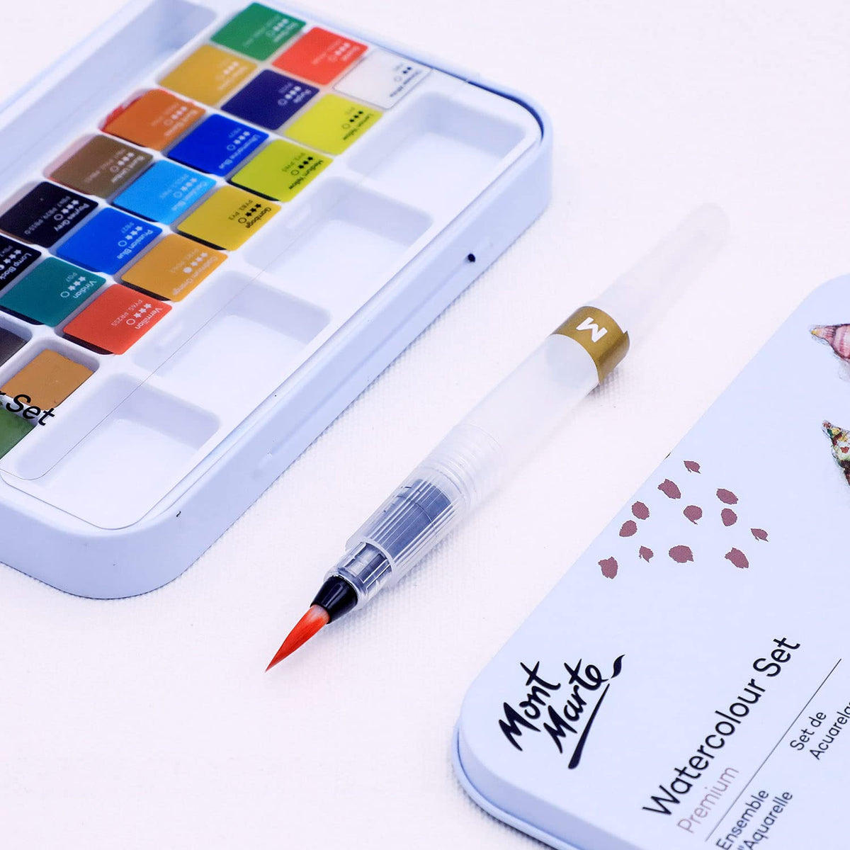 Mont Marte Premium Watercolor Cake Set, 21 Piece, 18 Colors, 1 Water Brush, 1 Sponge, 4 Mixing Wells