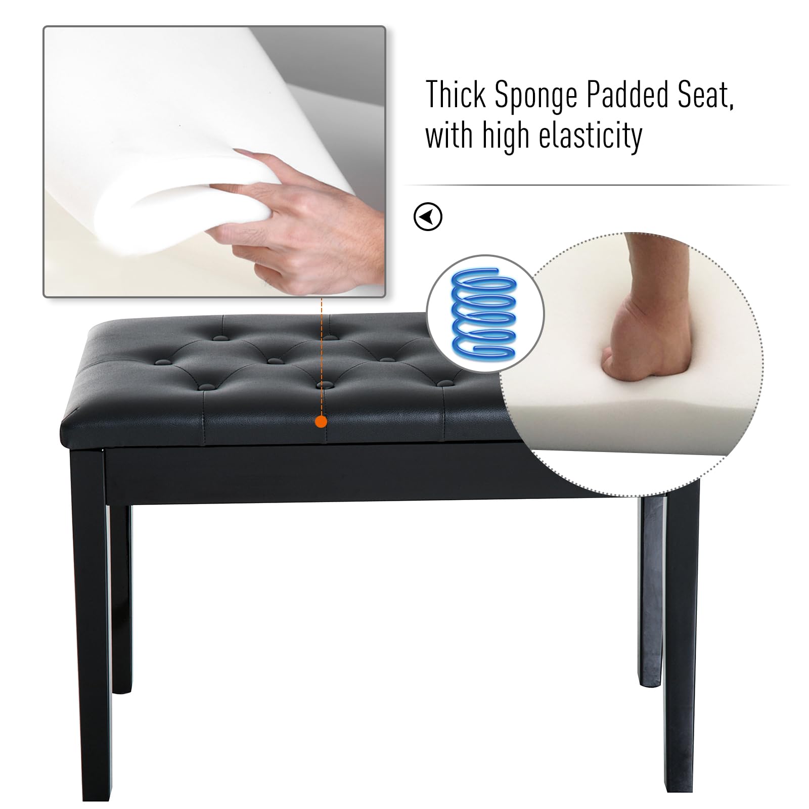 HOMCOM Piano Bench with Faux Leather Padded Cushion, Black