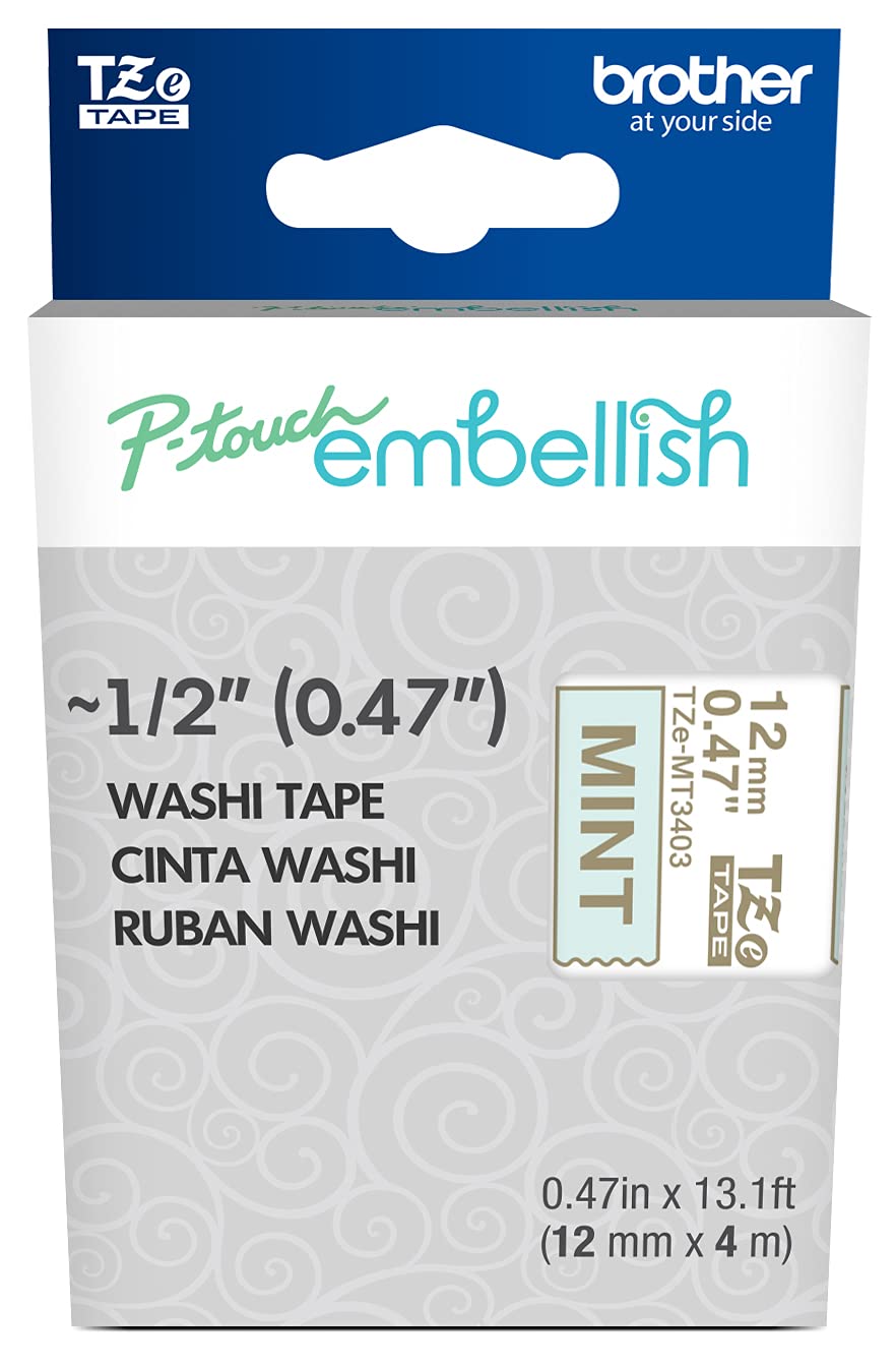 Brother P-Touch Embellish Gold Print on Mint Washi Tape TZeMT3403 - ~~½” Wide x 13.1’ Long for use