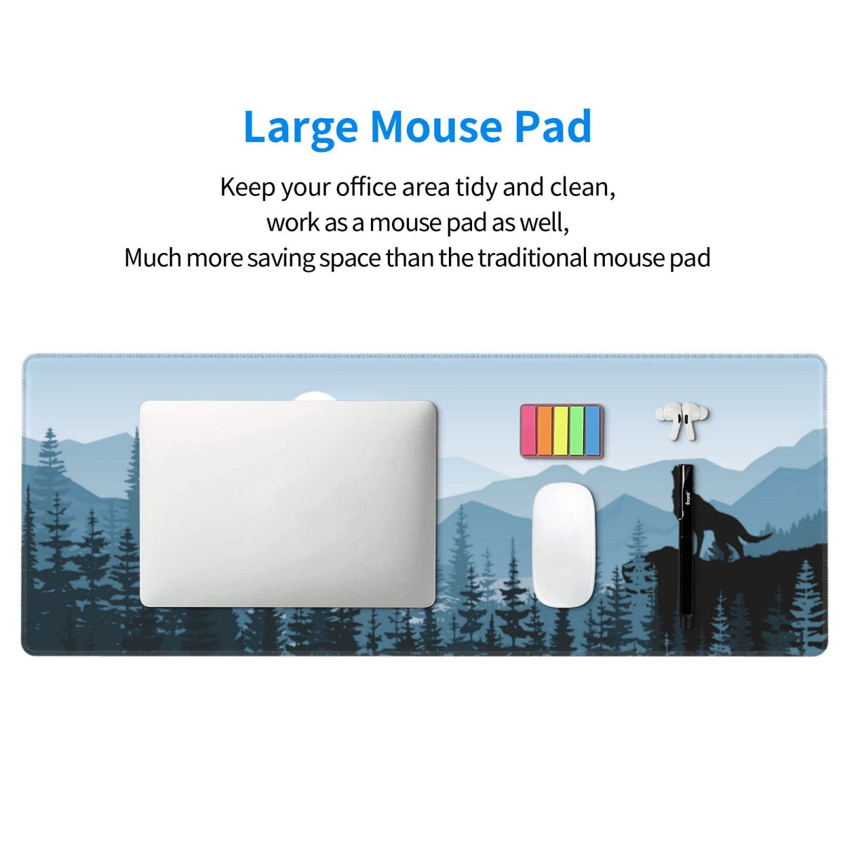 Fog Forest Blue Mountains Wolf Tree XXL XL Large Gaming Mouse Pad for Desk, Non-Slip Long Extended