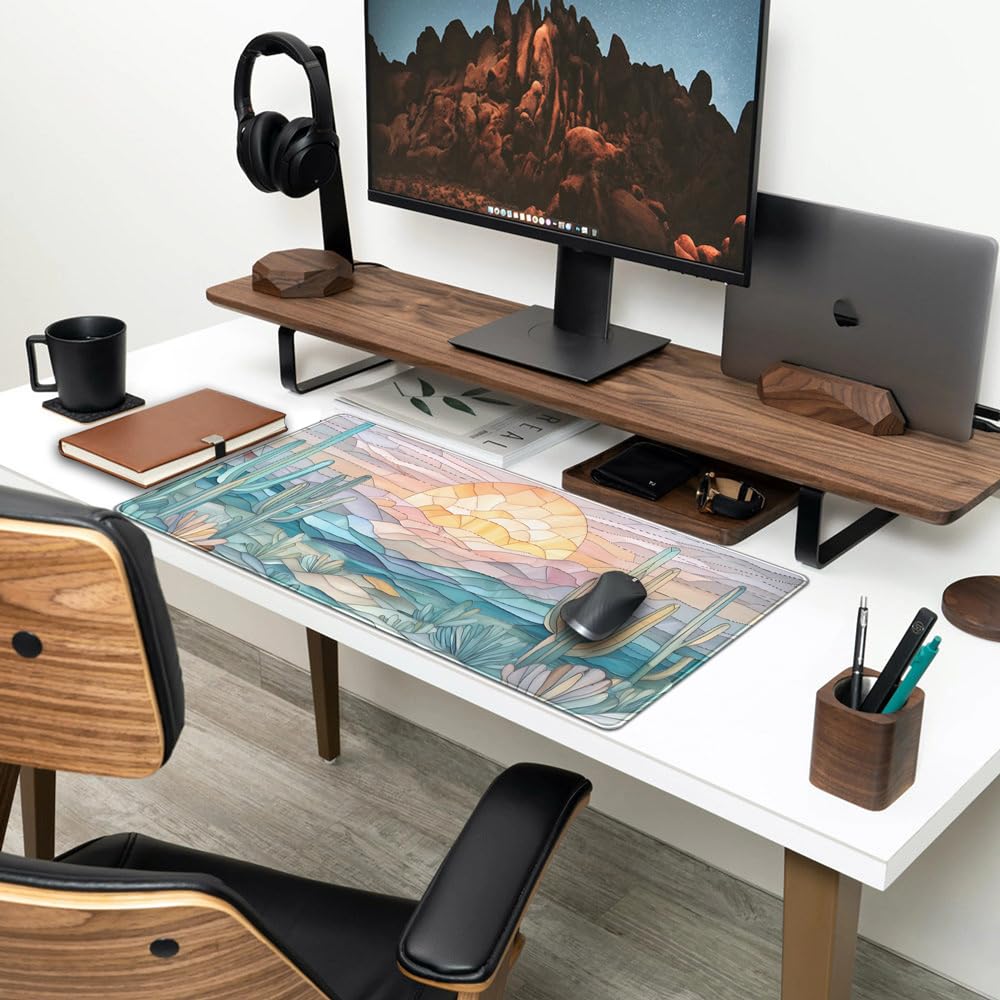 Desk Mat Gaming Abstract Ocean Desk Pad Large Mouse and Keyboard Pad, Faux Stained Glass Sun &