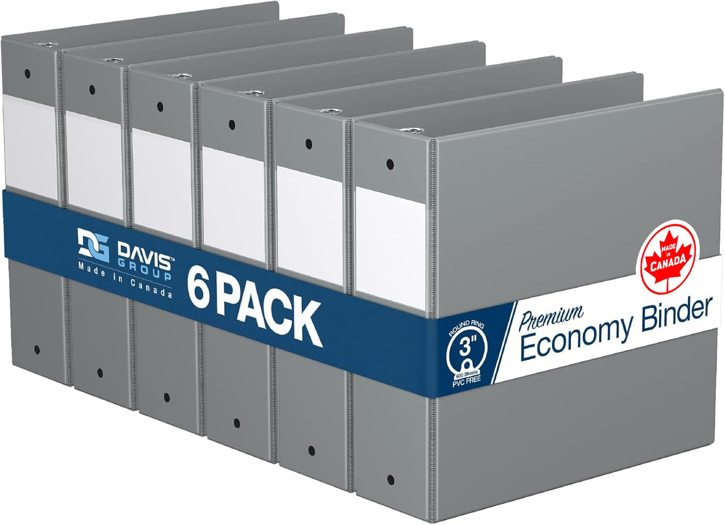 Premium Economy 3-Ring Binder, Spine Label, 3" Round Rings, Gray, 6 Pack