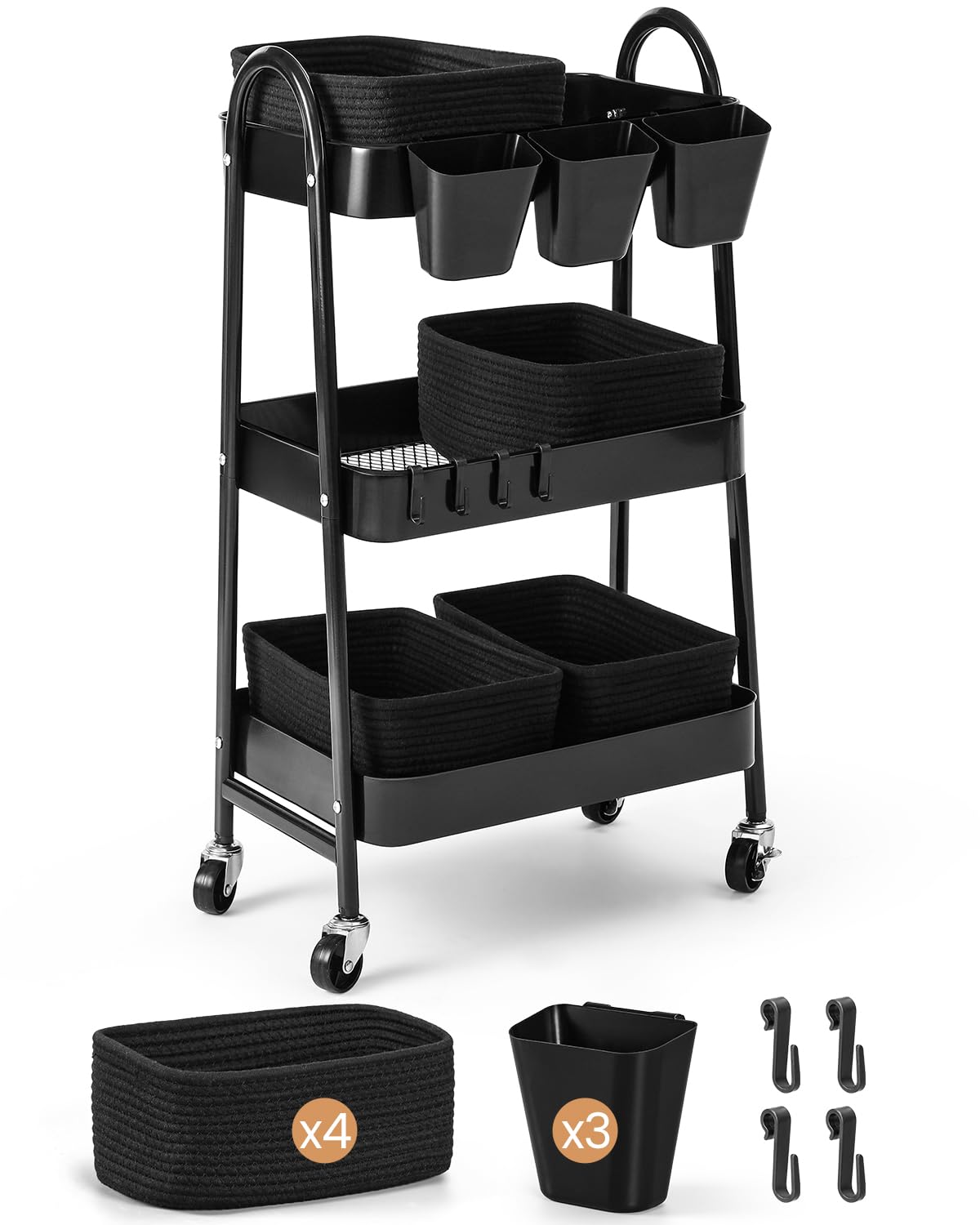 3-Tier Rolling Utility Cart with 4 Woven Baskets, Diaper Book Snack Cart, Storage Organizer for