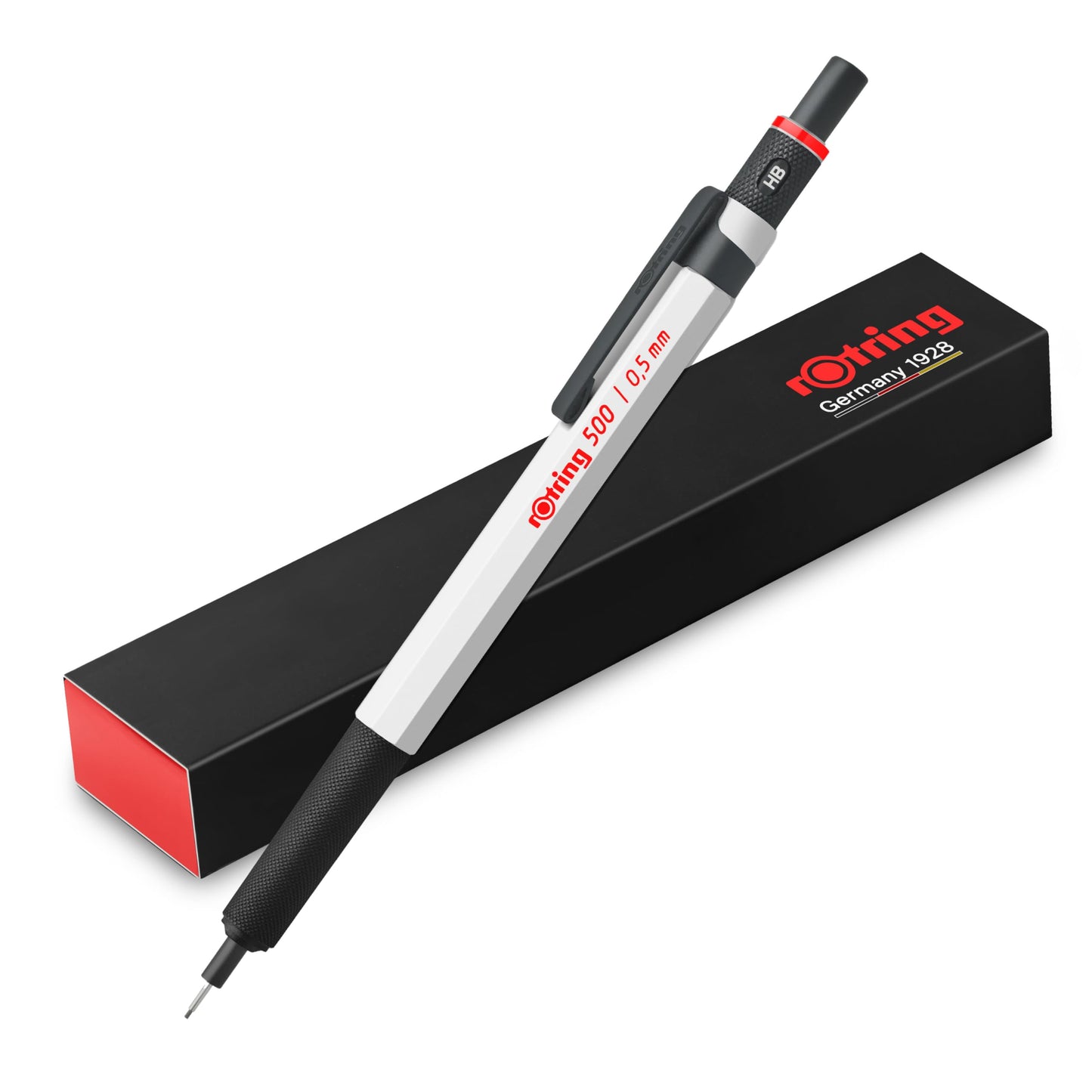 rOtring 500 Mechanical Pencil, White Hexagonal Plastic Barrel and Non-Slip Textured Metal Grip