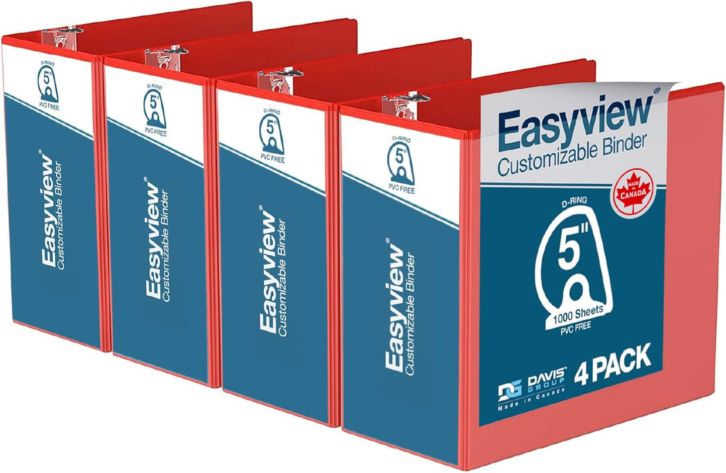 Easyview 3-Ring Binder, Clear-View Cover, 5" D Rings, Red, 4 Pack