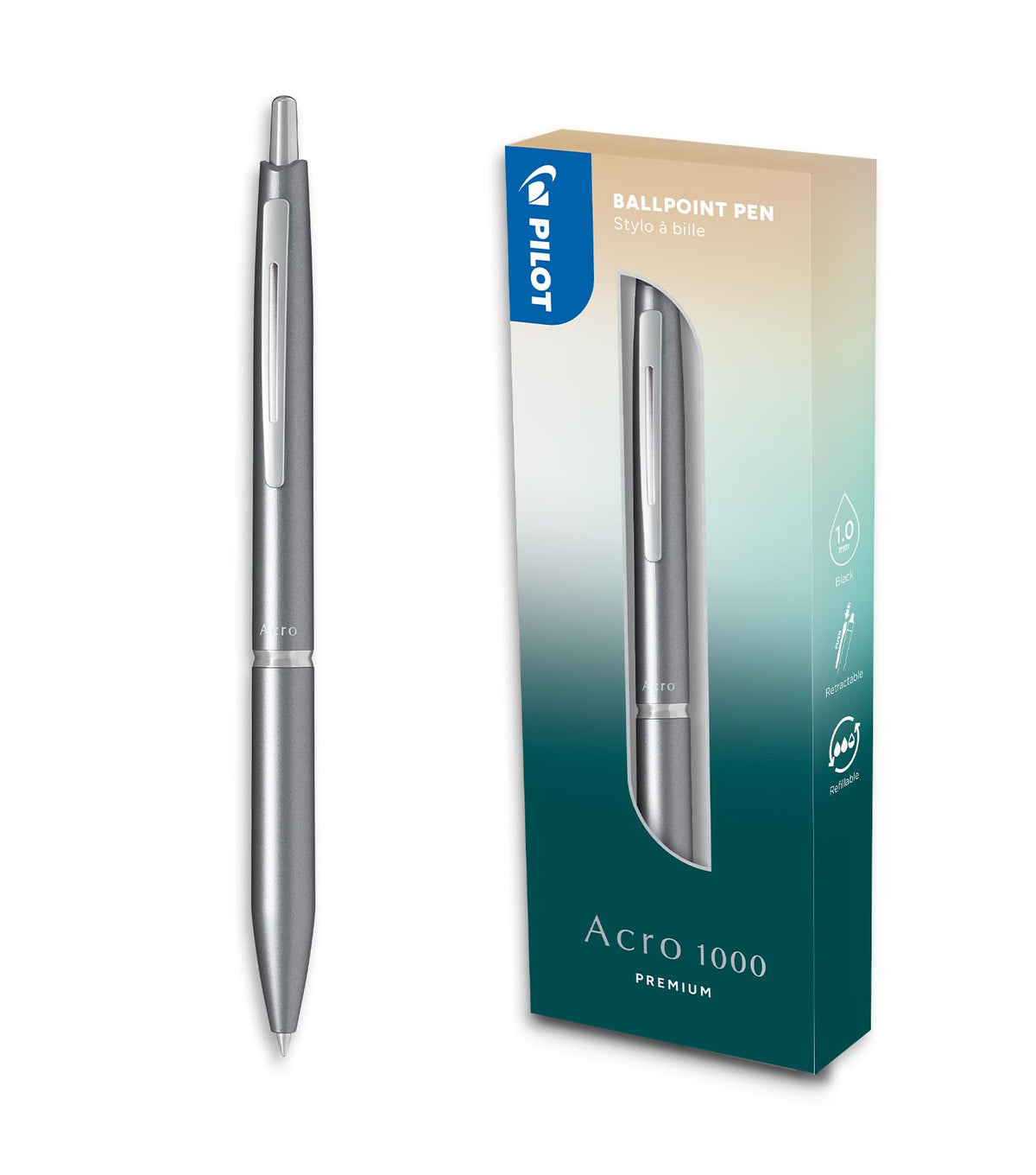 Pilot - Premium Acro 1000 Silver ballpoint pen in gift box - Ultra soft ink for unparalleled