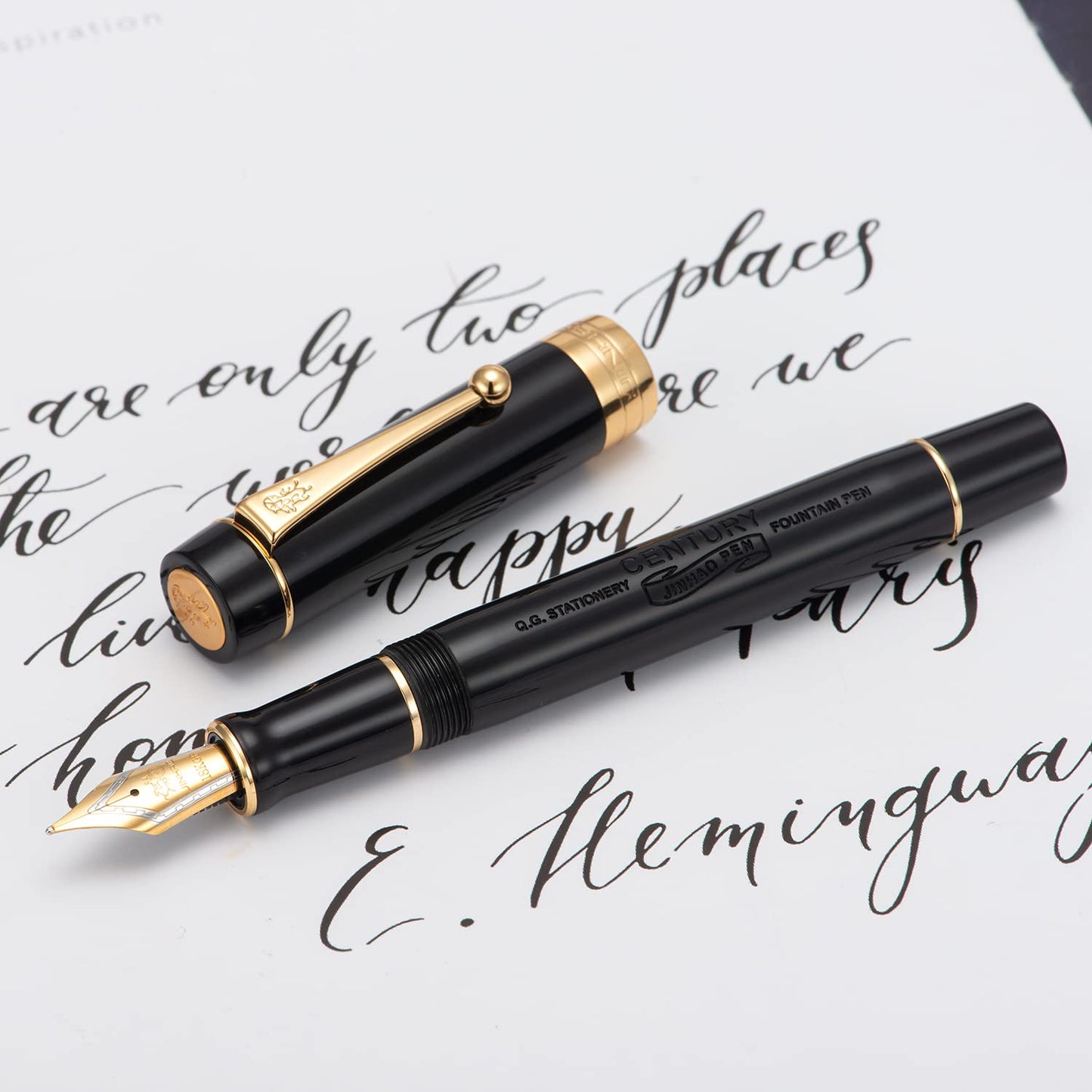 Classic Fountain Pen Vivid Black Celluloid with Jinhao Stamp, Medium Nib with Conveter and Pen Case