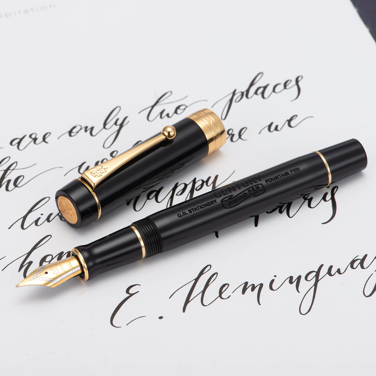 Classic Fountain Pen Vivid Black Celluloid with Jinhao Stamp, Medium Nib with Conveter and Pen Case