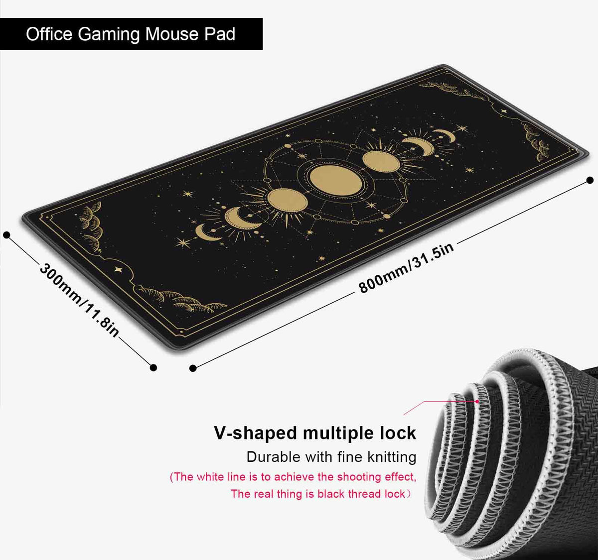 SXCKANG Moon Phases Large Gaming Mouse Pad, Celestial Cycle Lunar Chart Black and Gold Desk Pad