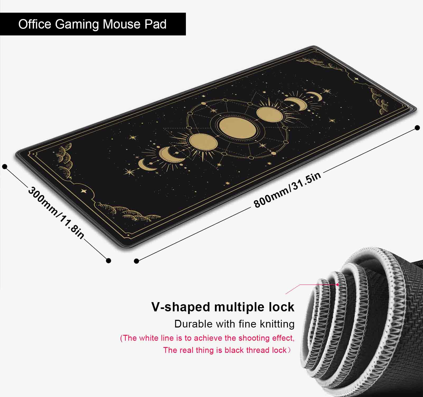 SXCKANG Moon Phases Large Gaming Mouse Pad, Celestial Cycle Lunar Chart Black and Gold Desk Pad