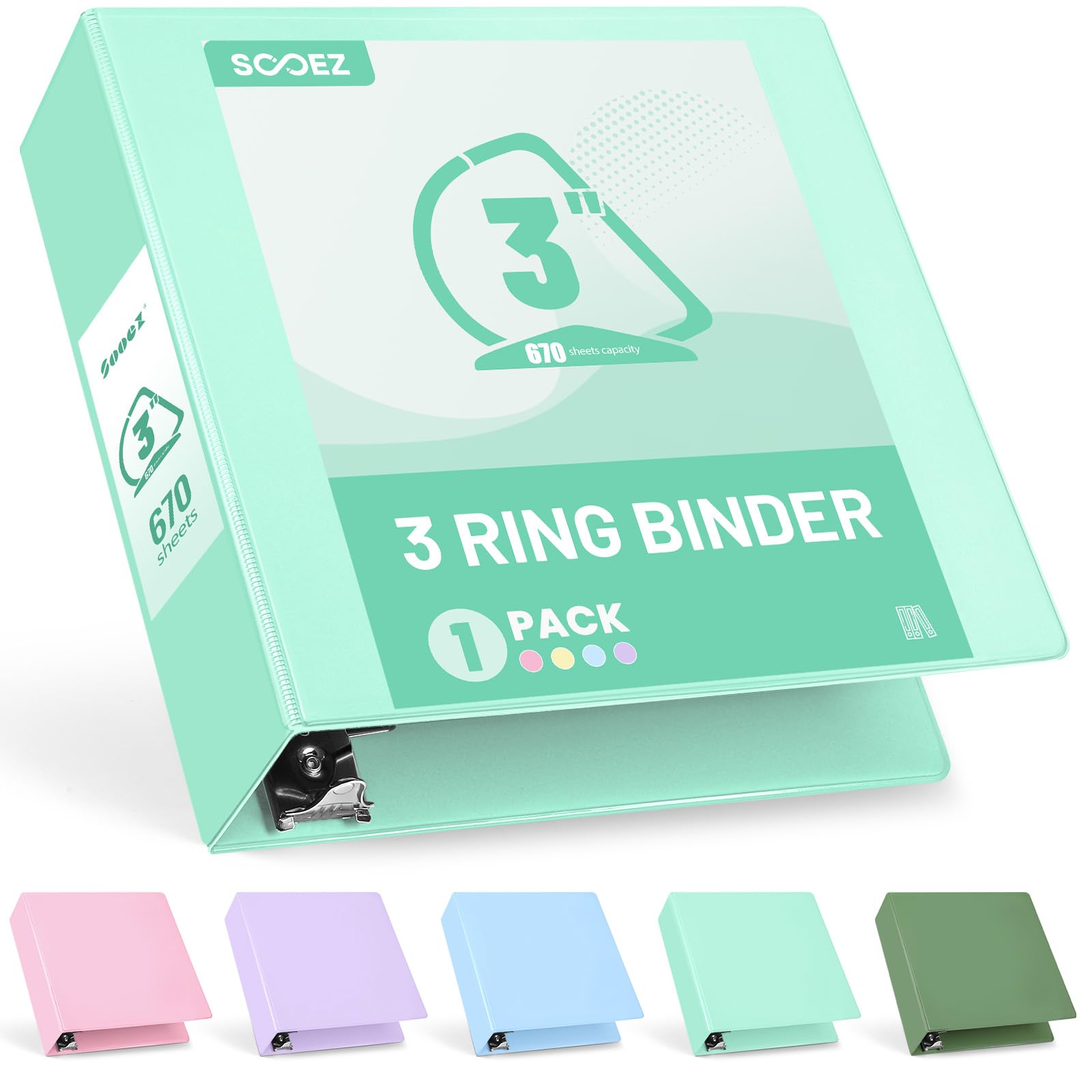 Sooez 3 Ring Binder 3 Inch, Large Binder with Pocket, Light Green, 8.5"x11"