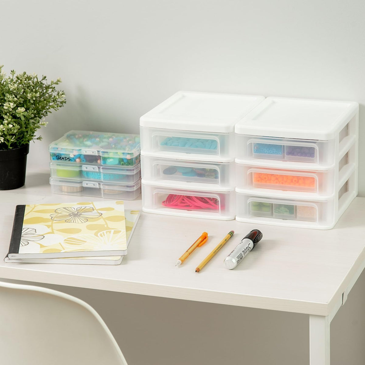IRIS USA 2-Pack, 3-Drawer Small Plastic Stacking Desktop Organizer, White