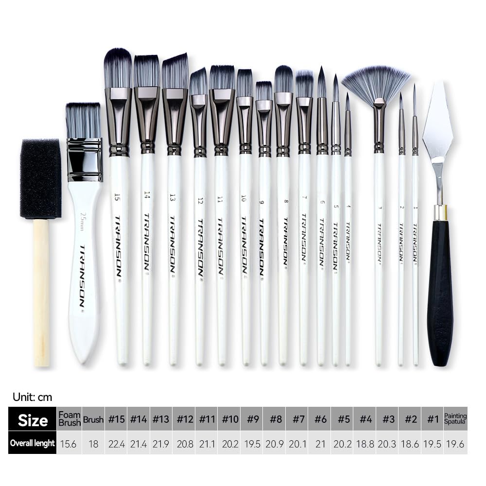 Transon 20Pcs Art Paint Brush Kit with Storage Case, 16 Brushes + Foam Brush Spatula Sponge for