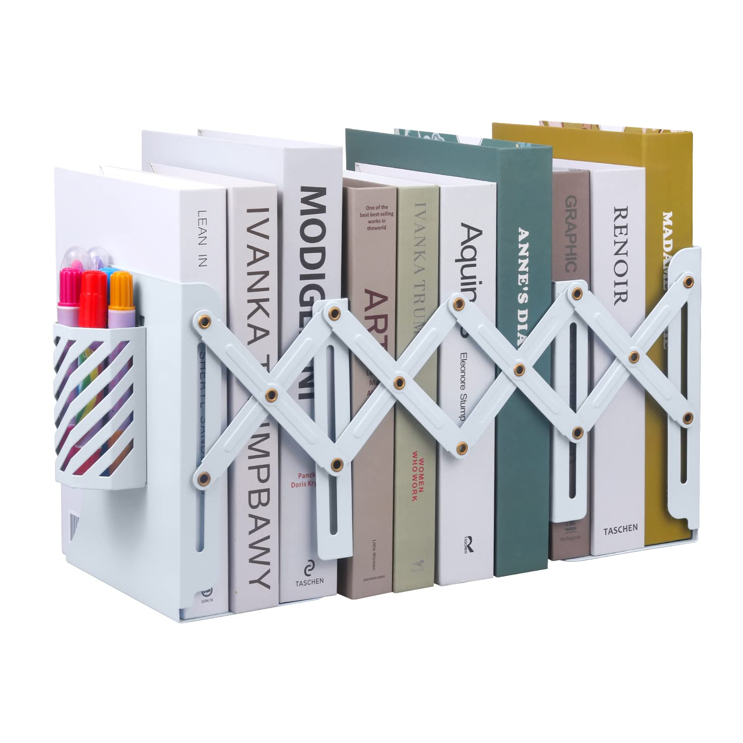 MSDADA Adjustable Bookends, Metal Book Ends for Heavy Books, Expandable Book Organizer with Pen