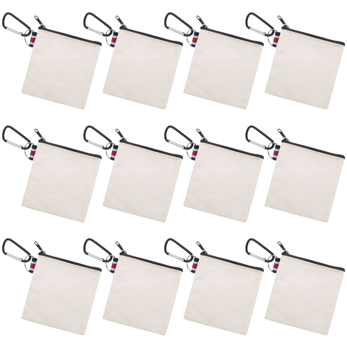 Muka 12 Pack Coin Purse with Carabiner Cotton Canvas Pouch 4-1/4 x 4-1/4 Inches-Natural/Black