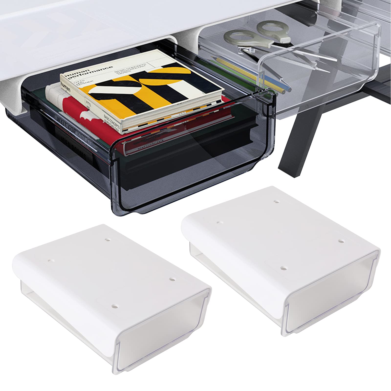 Self-adhesive Under Desk Drawer, 2 Packs Table Hidden Organizer Slide Out Large Storage Desktop