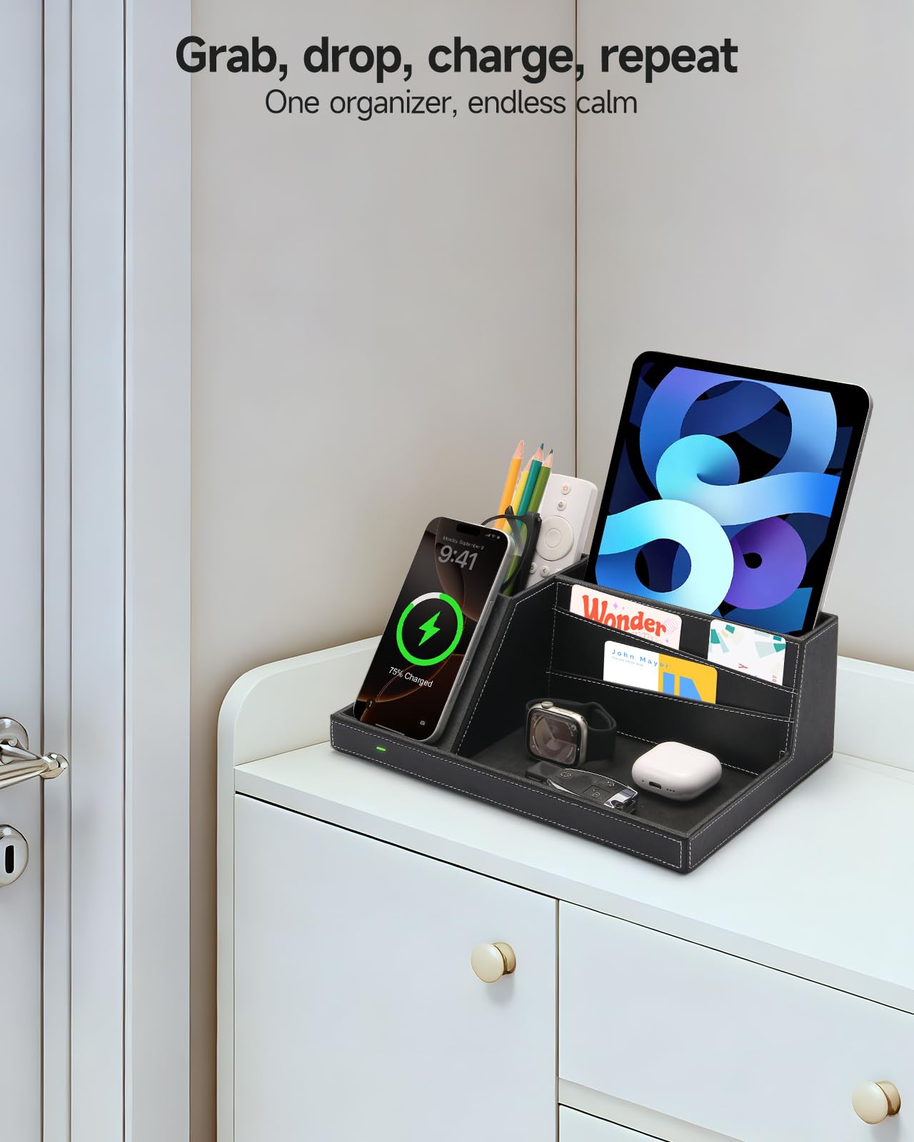 Valet Tray, Built in Wireless Charging Pad, Nightstand Organizer, Dresser Organizer, Mens Jewelry