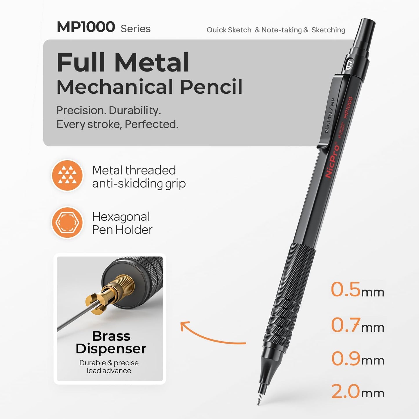 Nicpro 45PCS Black & Silver Metal Mechanical Pencil Set in Leather Case, Art Drafting Pencil 0.5