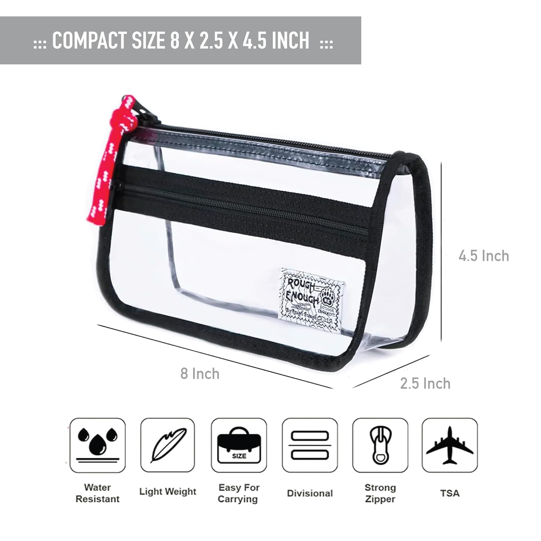 Rough Enough Clear Pencil Case for School, 60+ Pencils Capacity, Black