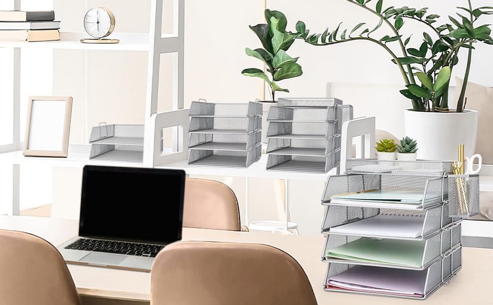 EXERZ Paper Sorter 2pcs Tier Stackable A4 Desk Organiser Letter Tray Silver