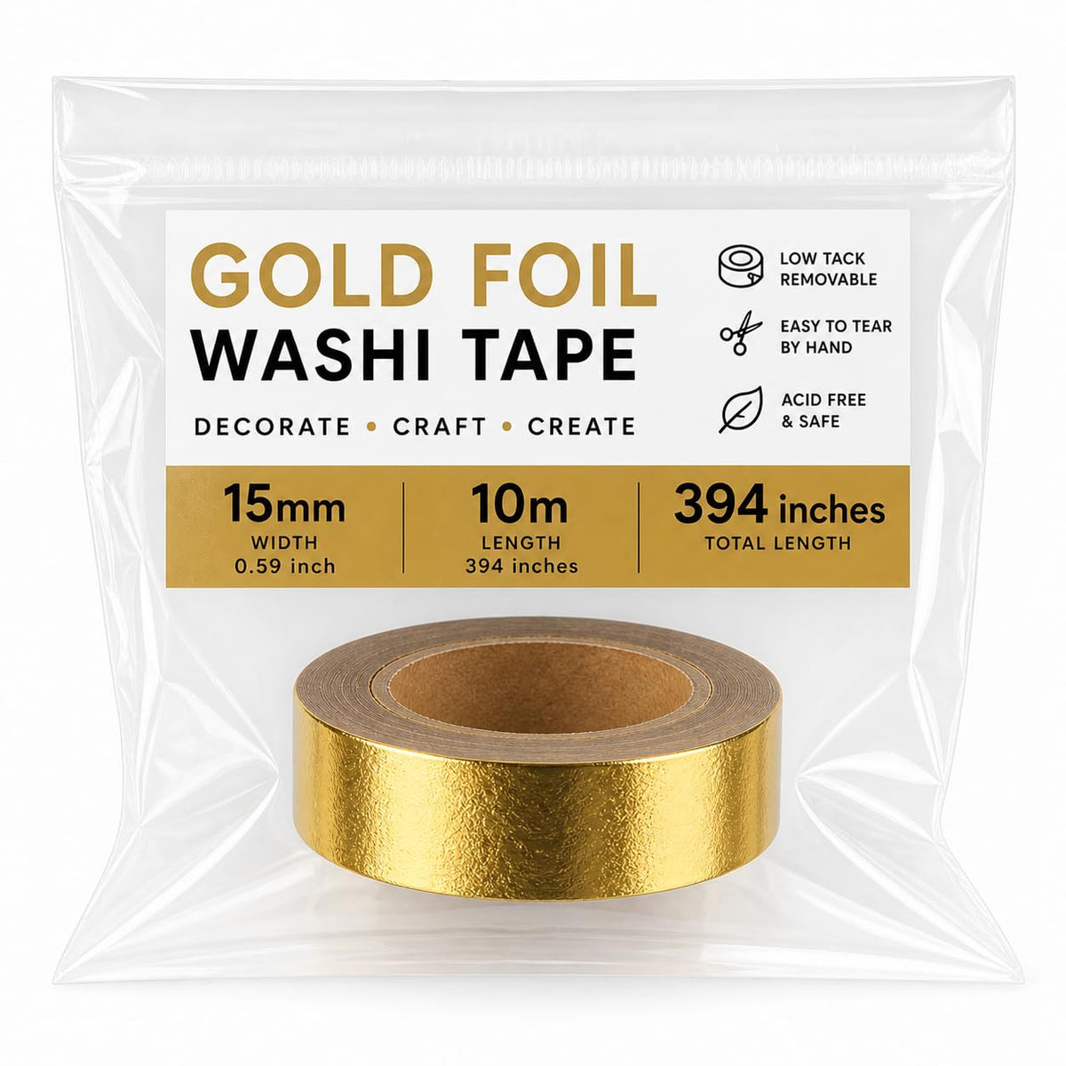 Syntego Gold Foil Washi Tape 15mm x 10m - Self-Adhesive Decorative Tape; for Scrapbooking