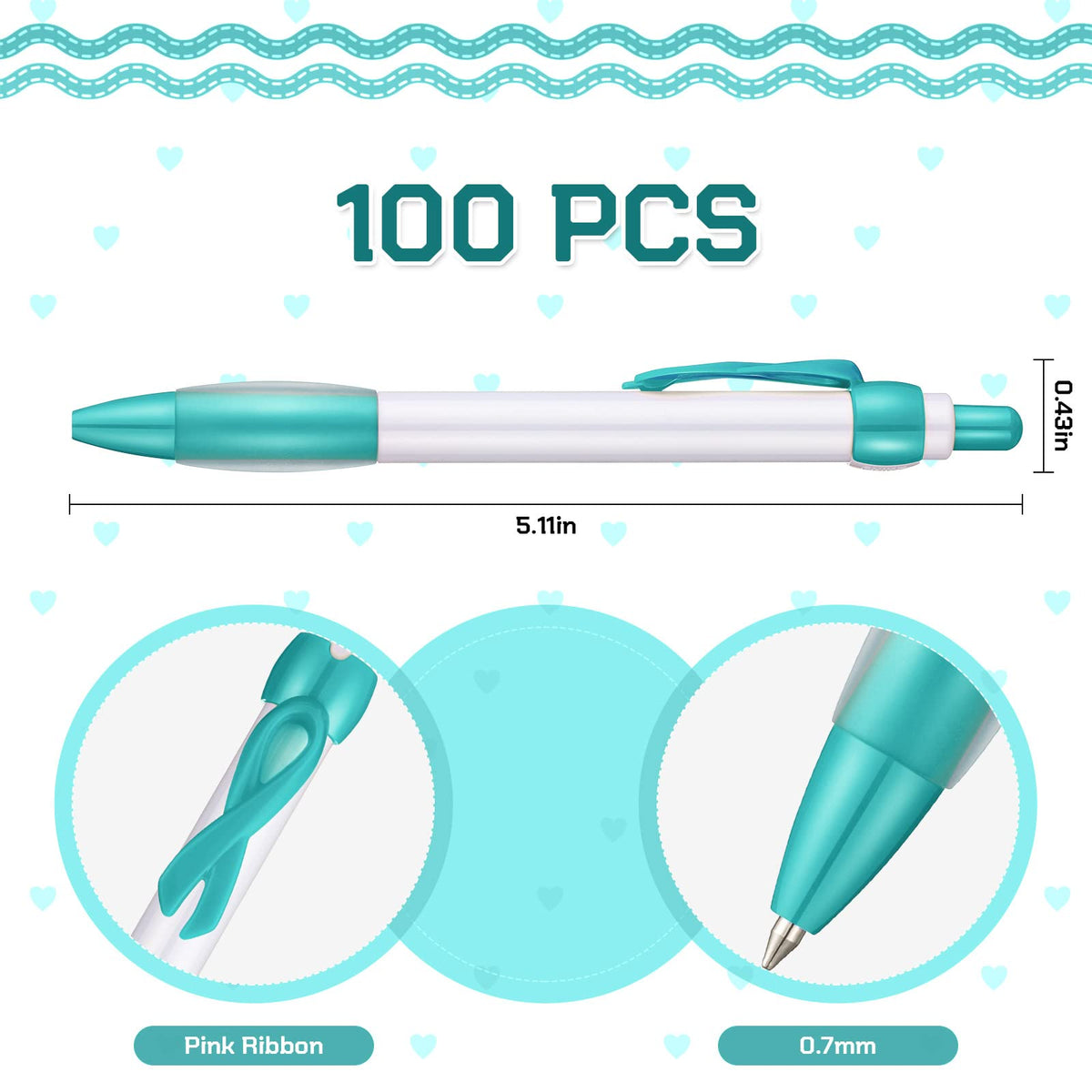 Yexiya 100 Pcs Ovarian Cancer Awareness Pen Teal Ribbon Pen Bulk, Black Ink