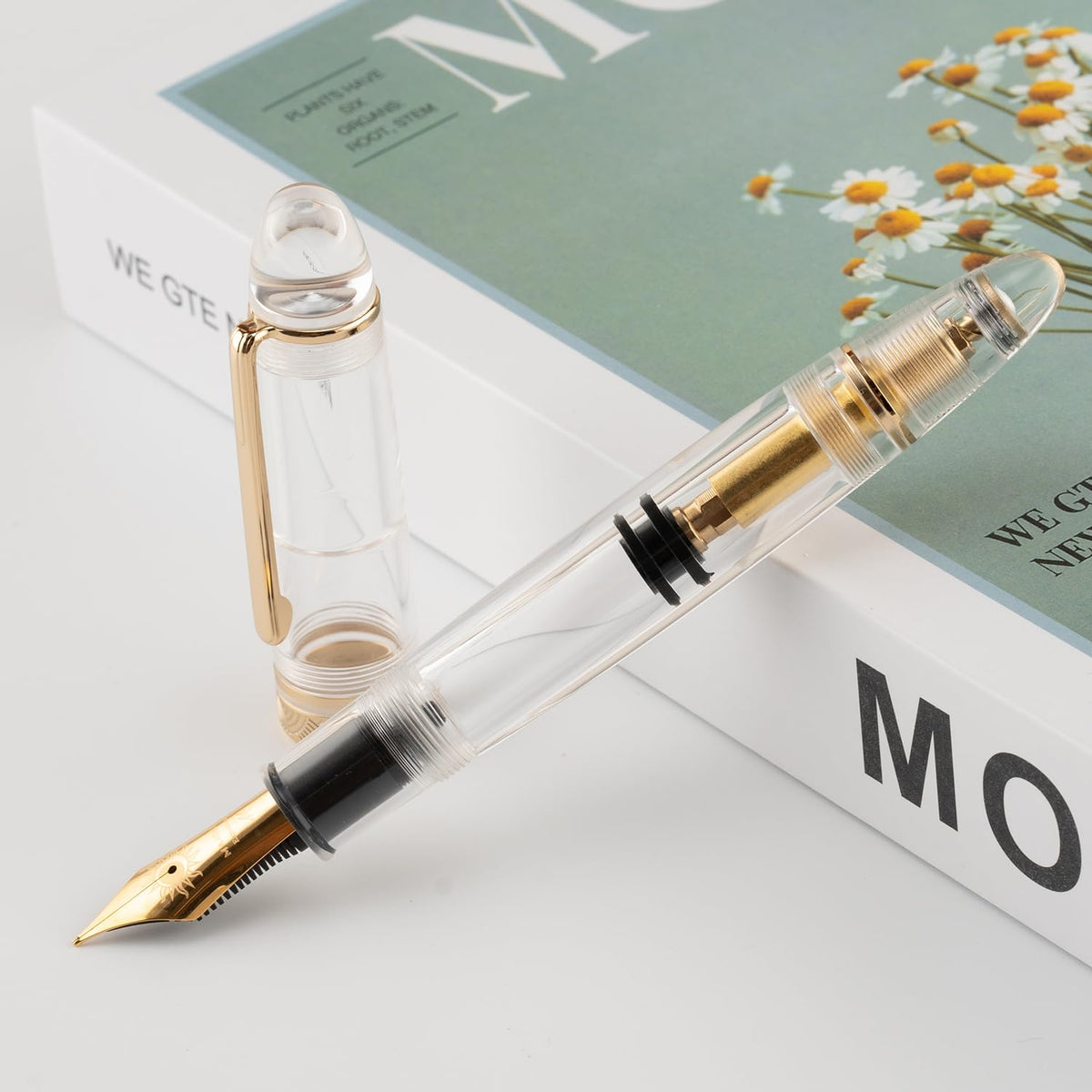erofa Majohn P140 Piston Fountain Pen NO.8 Fine Nib, Large Capacity Transparent White Acrylic