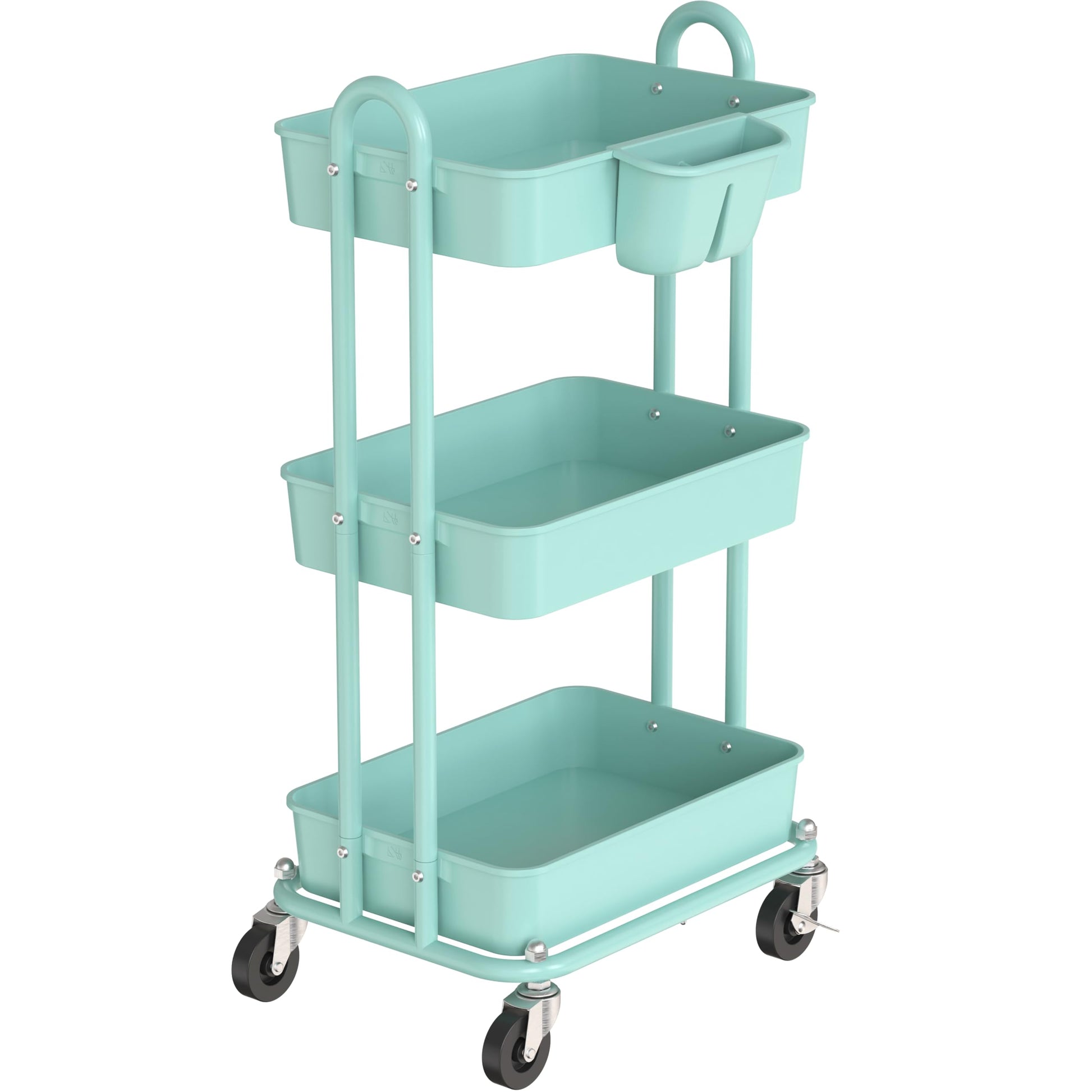 Simple Houseware 3-Tier Rolling Utility Cart with Hanging Bucket, Turquoise