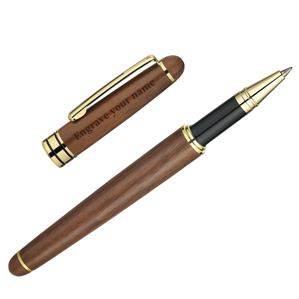 BEILUNER Personalized Wood Rollerball Pen Set,Walnut with Gold Finish