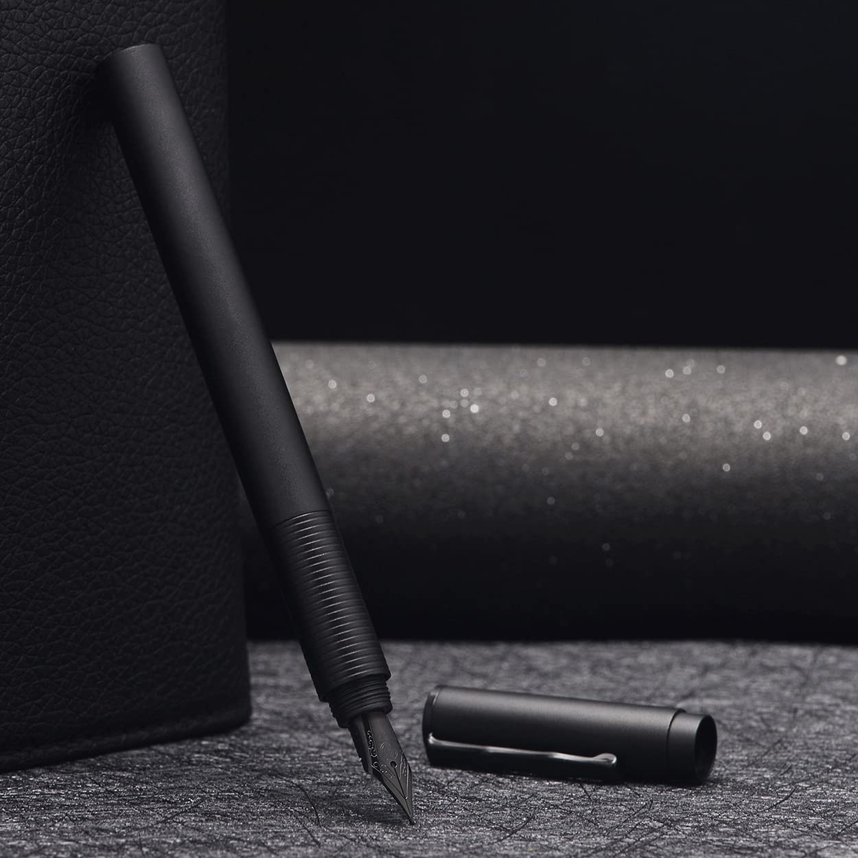 Hongdian H3 Fountain Pen Titanium Black EF Nib with Bamboo Pen Clip, Black Aluminum Alloy Writing