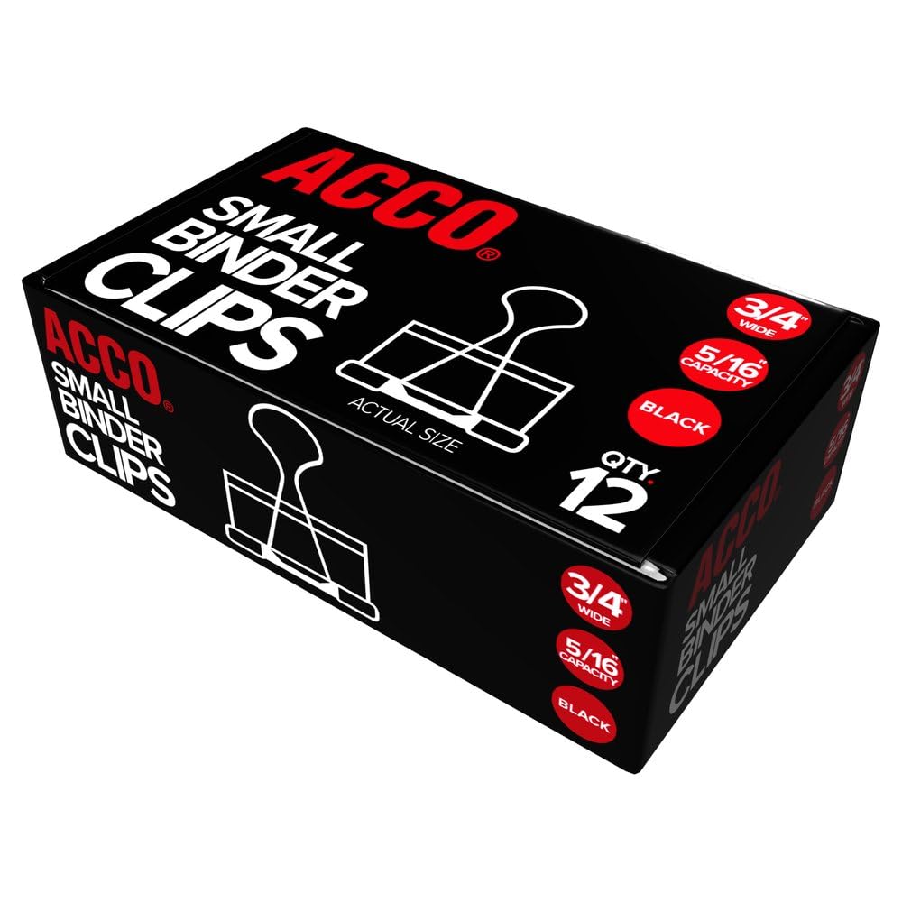 ACCO BRANDS 72020 Small Binder Clips, Steel Wire, 5/16 Cap, 3/4w, Black/Silver, Dozen
