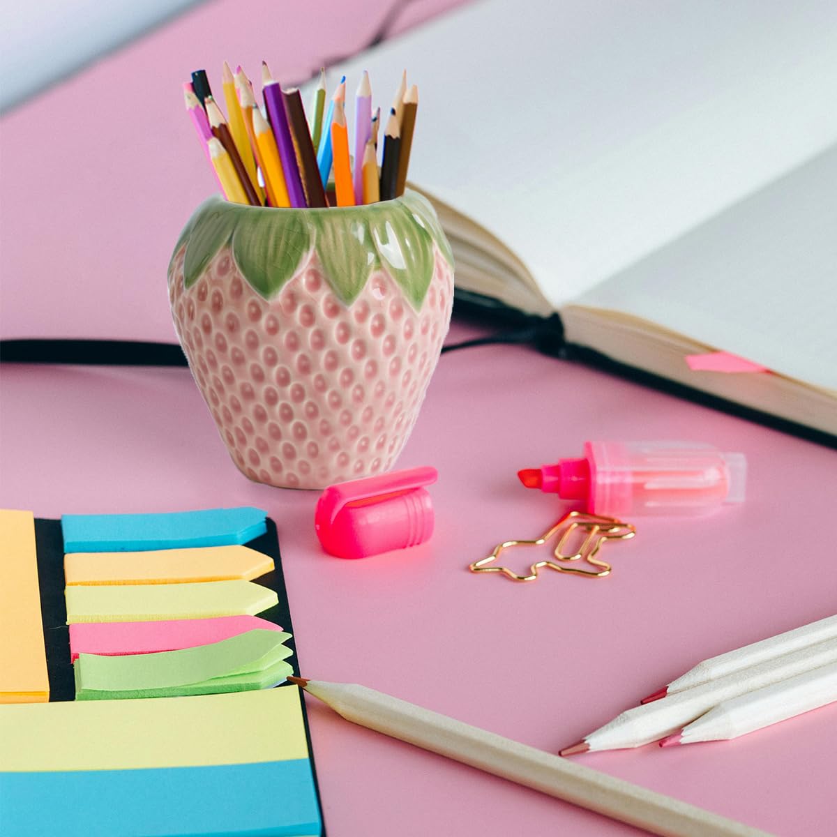 Sixbaole Pink Strawberry Ceramic Pencil Holder for Desk, Cute Office Decor