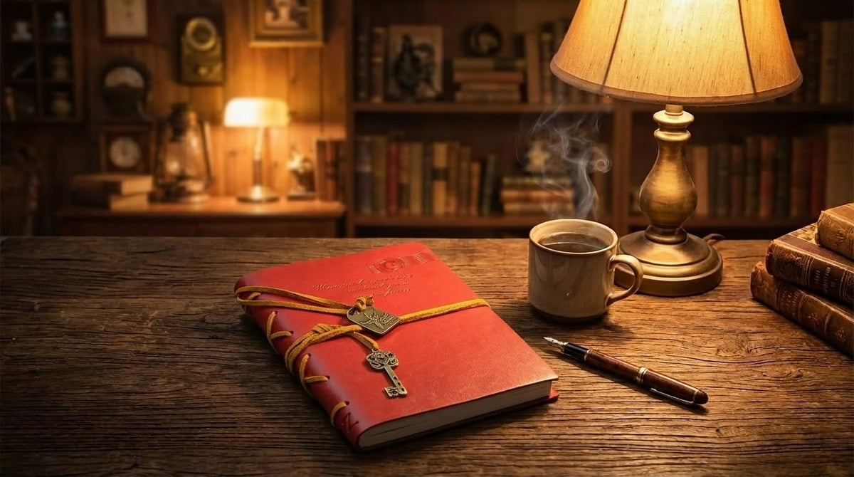 EvZ Classic Vintage Leather Writing Journal Notebook - Vibrant Red Retro Diary with Antique Key