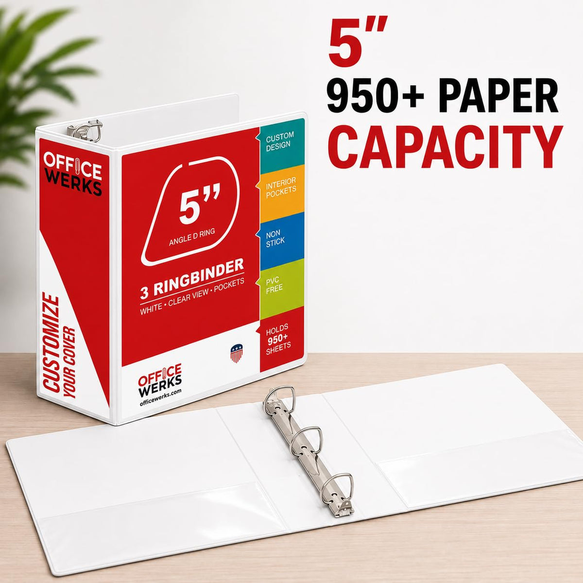 5 Inch 3 Ring Binder 2 Pack, Heavy Duty Locking D-Ring, Holds 950+ Sheets, PVC-Free, Assembled in