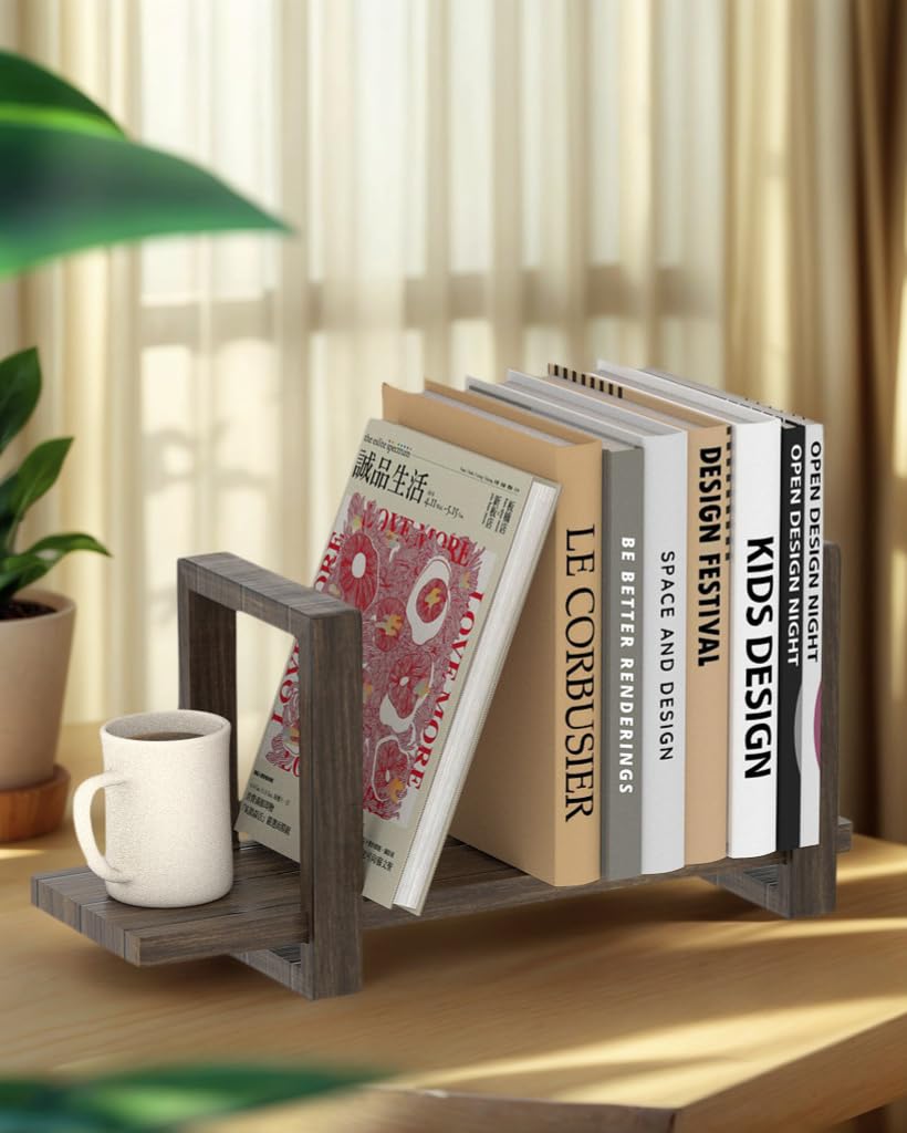100% Solid Wood Adjustable Desktop Bookshelf, Retro Tabletop Bookshelf, Desk Shelf for Living Room