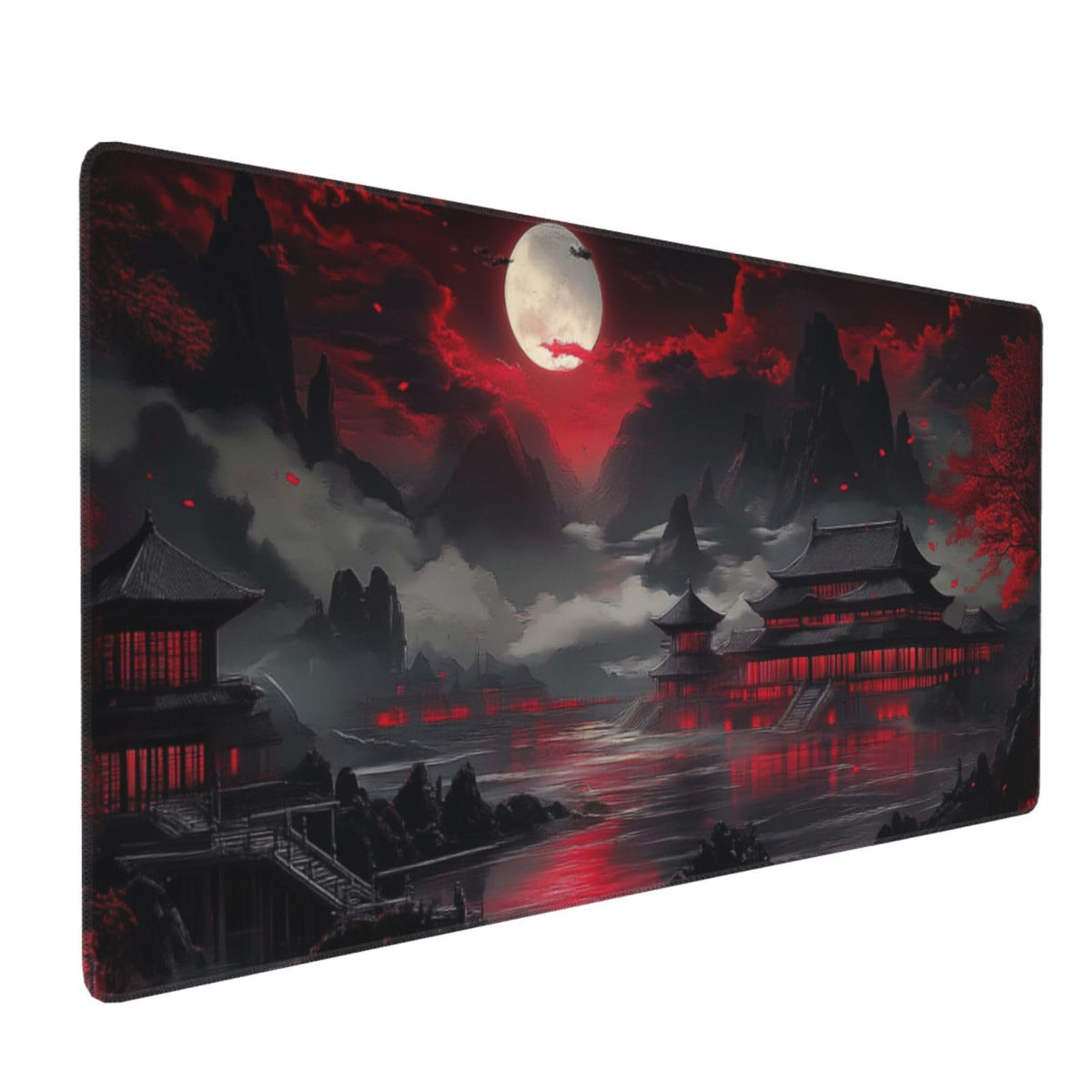 Japanese Mouse Pad Large Riverside Full Moon Desk Mat Black Red Mouse Pad Gaming 35.4"x15.7" Long