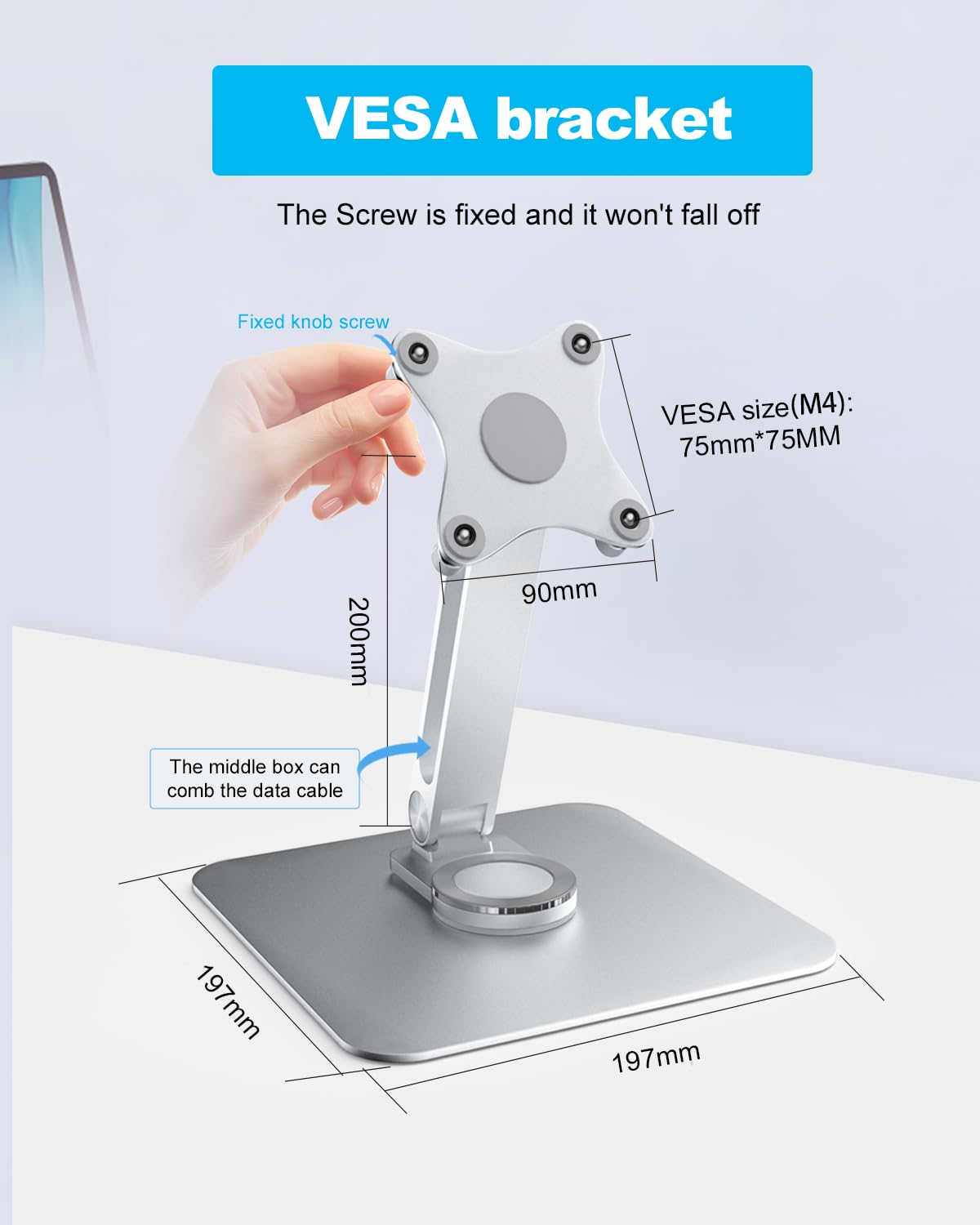 JUNEBOX 75x75mm VESA Monitor Mount Stand, M4 Anti-Loss Screws, Aluminum Alloy Base, Fits 7"-18"