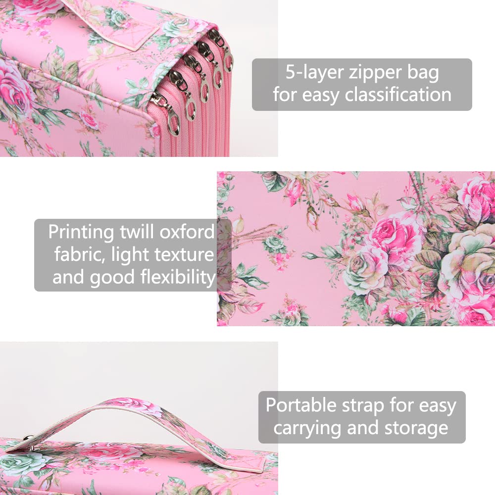 Vomgomfom 252 Slots Pencil Case 5-Layer PU Leather, Handle, Pink Flower